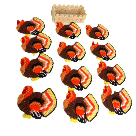 Vintage Plastic Canvas Needlepoint Thanksgiving Turkey Coasters Caddy Set of 12 - Picture 1 of 7